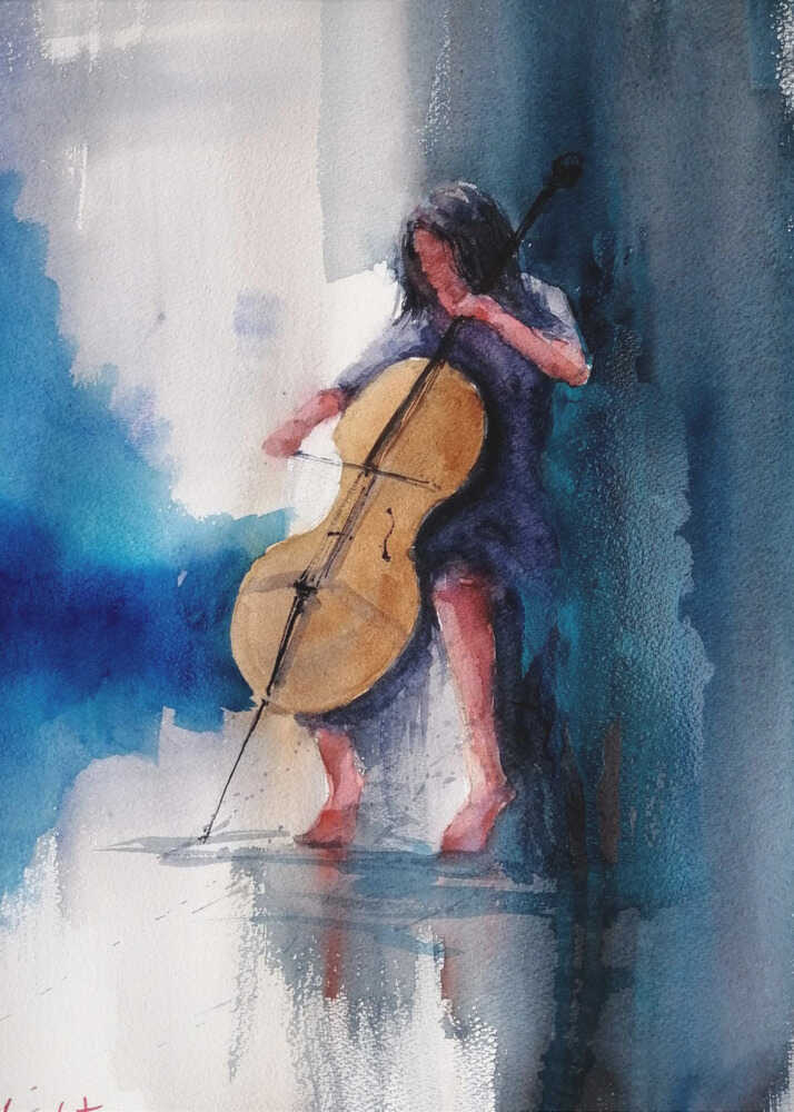 A musician performing a piece on a cello, depicted as an art print or poster. Artwork
