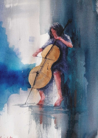 A musician performing a piece on a cello, depicted as an art print or poster. Artwork