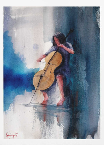 A musician performing a piece on a cello, depicted as an art print or poster. Artwork