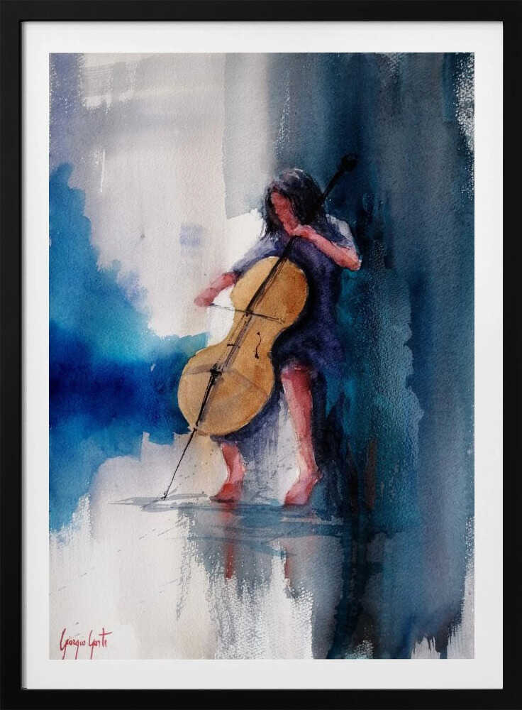 A musician performing a piece on a cello, depicted as an art print or poster. Artwork