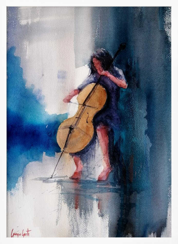 A musician performing a piece on a cello, depicted as an art print or poster. Artwork