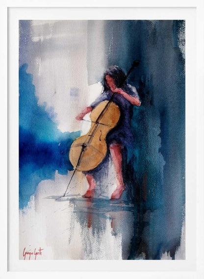 A musician performing a piece on a cello, depicted as an art print or poster. Artwork