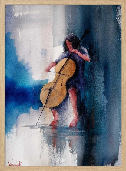 A musician performing a piece on a cello, depicted as an art print or poster. Artwork
