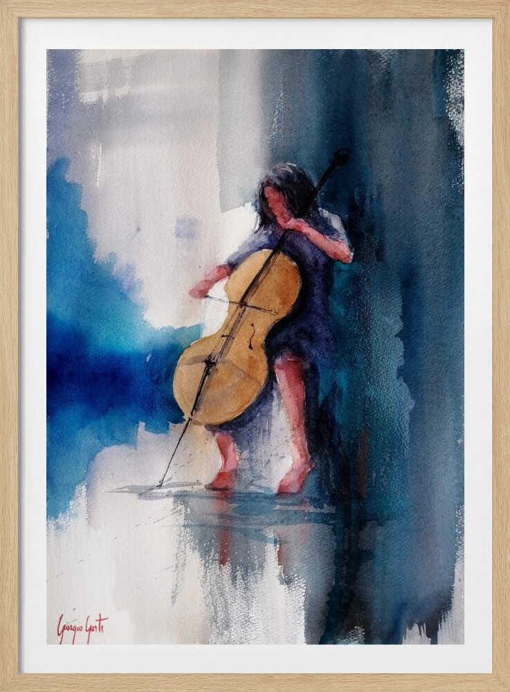 A musician performing a piece on a cello, depicted as an art print or poster. Artwork