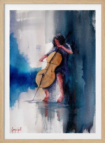 A musician performing a piece on a cello, depicted as an art print or poster. Artwork