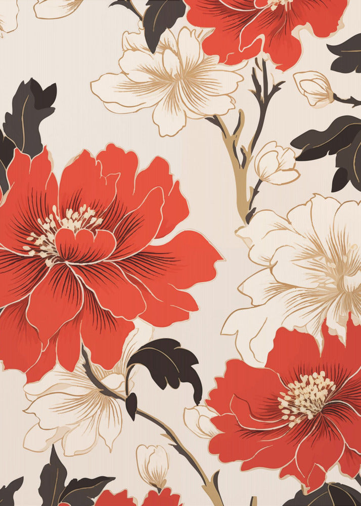 A stylized floral artwork featuring large, bold red flowers and smaller white flowers with gold accents. Dark brown leaves and branches twist across the cream-colored background, creating an elegant pattern. The entire piece is enclosed in a simple black frame. Decor