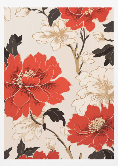 A stylized floral artwork featuring large, bold red flowers and smaller white flowers with gold accents. Dark brown leaves and branches twist across the cream-colored background, creating an elegant pattern. The entire piece is enclosed in a simple black frame. Decor
