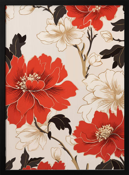 A stylized floral artwork featuring large, bold red flowers and smaller white flowers with gold accents. Dark brown leaves and branches twist across the cream-colored background, creating an elegant pattern. The entire piece is enclosed in a simple black frame. Decor