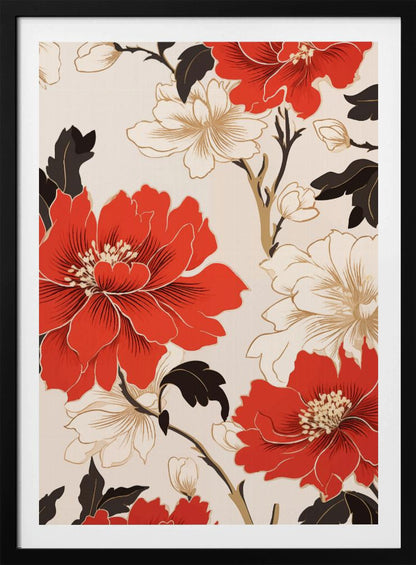 A stylized floral artwork featuring large, bold red flowers and smaller white flowers with gold accents. Dark brown leaves and branches twist across the cream-colored background, creating an elegant pattern. The entire piece is enclosed in a simple black frame. Decor