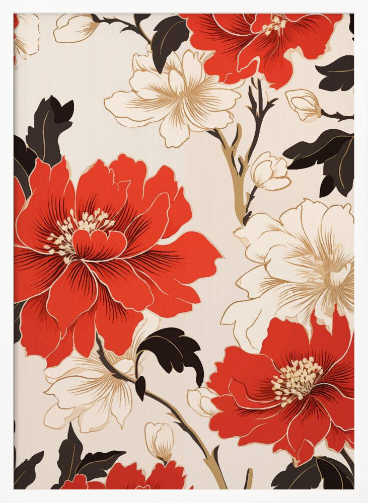 A stylized floral artwork featuring large, bold red flowers and smaller white flowers with gold accents. Dark brown leaves and branches twist across the cream-colored background, creating an elegant pattern. The entire piece is enclosed in a simple black frame. Decor