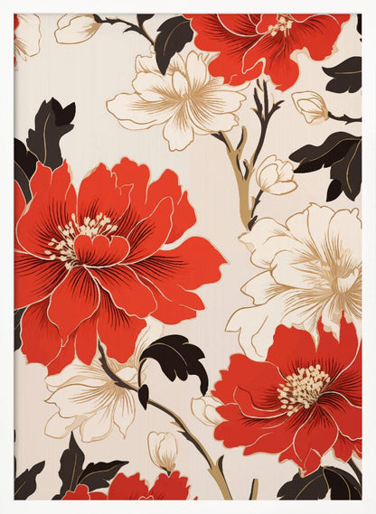 A stylized floral artwork featuring large, bold red flowers and smaller white flowers with gold accents. Dark brown leaves and branches twist across the cream-colored background, creating an elegant pattern. The entire piece is enclosed in a simple black frame. Decor