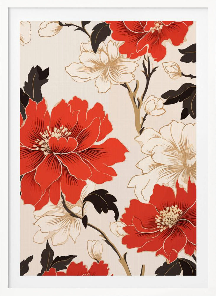 A stylized floral artwork featuring large, bold red flowers and smaller white flowers with gold accents. Dark brown leaves and branches twist across the cream-colored background, creating an elegant pattern. The entire piece is enclosed in a simple black frame. Decor
