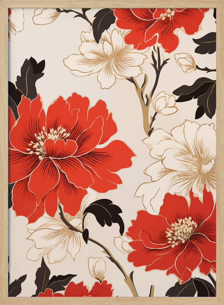 A stylized floral artwork featuring large, bold red flowers and smaller white flowers with gold accents. Dark brown leaves and branches twist across the cream-colored background, creating an elegant pattern. The entire piece is enclosed in a simple black frame. Decor