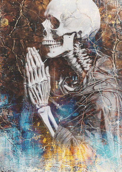 A mixed media artwork of a skeleton from the chest up, in profile, with its hands clasped together in prayer. The background is a heavily textured and cracked dark brown, with abstract splashes of blue and fiery yellow, particularly at the bottom. Wall Art