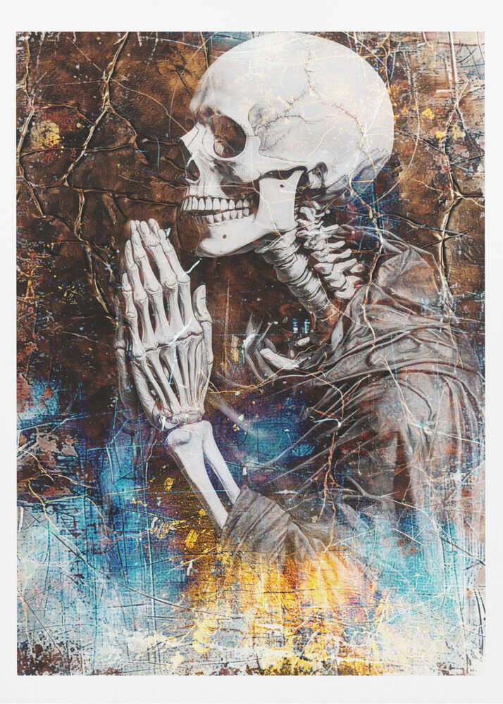 A mixed media artwork of a skeleton from the chest up, in profile, with its hands clasped together in prayer. The background is a heavily textured and cracked dark brown, with abstract splashes of blue and fiery yellow, particularly at the bottom. Wall Art