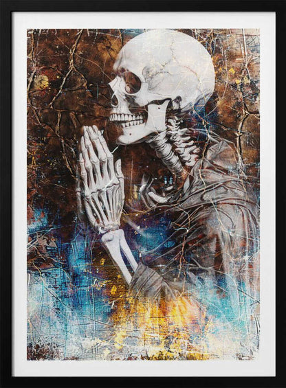 A mixed media artwork of a skeleton from the chest up, in profile, with its hands clasped together in prayer. The background is a heavily textured and cracked dark brown, with abstract splashes of blue and fiery yellow, particularly at the bottom. Wall Art