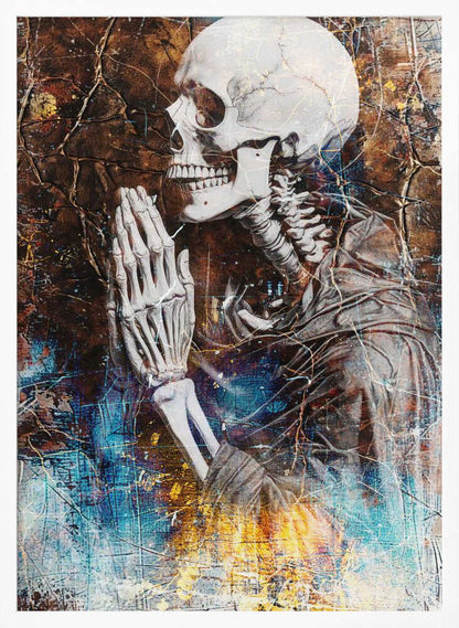 A mixed media artwork of a skeleton from the chest up, in profile, with its hands clasped together in prayer. The background is a heavily textured and cracked dark brown, with abstract splashes of blue and fiery yellow, particularly at the bottom. Wall Art