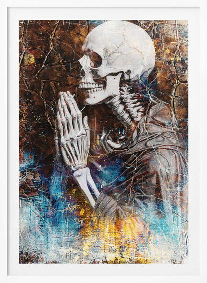 A mixed media artwork of a skeleton from the chest up, in profile, with its hands clasped together in prayer. The background is a heavily textured and cracked dark brown, with abstract splashes of blue and fiery yellow, particularly at the bottom. Wall Art