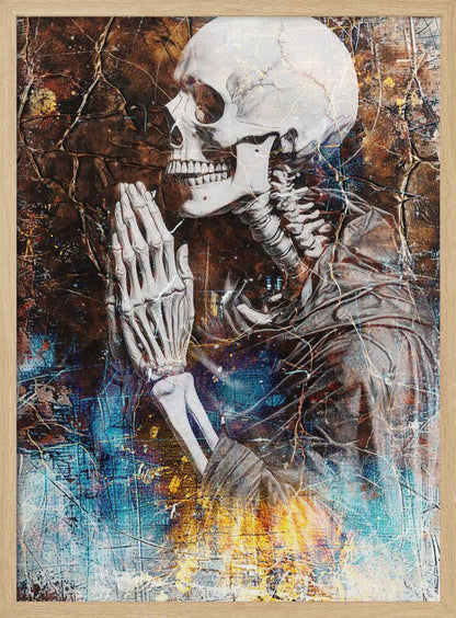 A mixed media artwork of a skeleton from the chest up, in profile, with its hands clasped together in prayer. The background is a heavily textured and cracked dark brown, with abstract splashes of blue and fiery yellow, particularly at the bottom. Wall Art