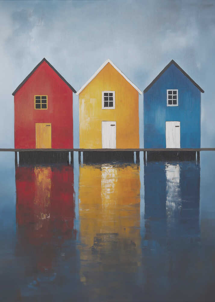 A painting of three houses in primary colors—red, yellow, and blue—lined up on a pier over a body of water. The houses and their vibrant colors are reflected in the calm water below, all under a muted, overcast sky. The piece is in a black frame. Decor