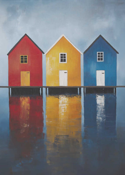 A painting of three houses in primary colors—red, yellow, and blue—lined up on a pier over a body of water. The houses and their vibrant colors are reflected in the calm water below, all under a muted, overcast sky. The piece is in a black frame. Decor