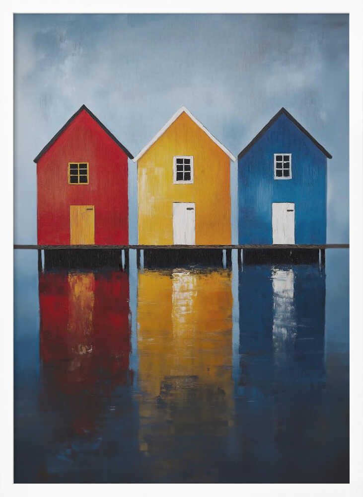 A painting of three houses in primary colors—red, yellow, and blue—lined up on a pier over a body of water. The houses and their vibrant colors are reflected in the calm water below, all under a muted, overcast sky. The piece is in a black frame. Decor