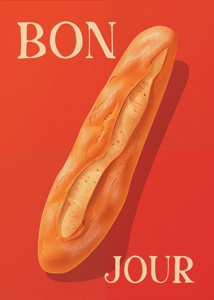 A vintage-style poster with a vibrant red background featuring a realistic illustration of a golden-brown baguette. The French words 'BON' and 'JOUR' are written in a large, cream-colored serif font at the top left and bottom right respectively. Wall Art