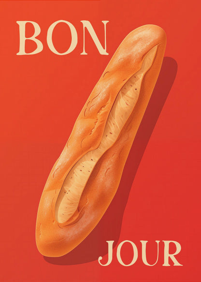 A vintage-style poster with a vibrant red background featuring a realistic illustration of a golden-brown baguette. The French words 'BON' and 'JOUR' are written in a large, cream-colored serif font at the top left and bottom right respectively. Wall Art