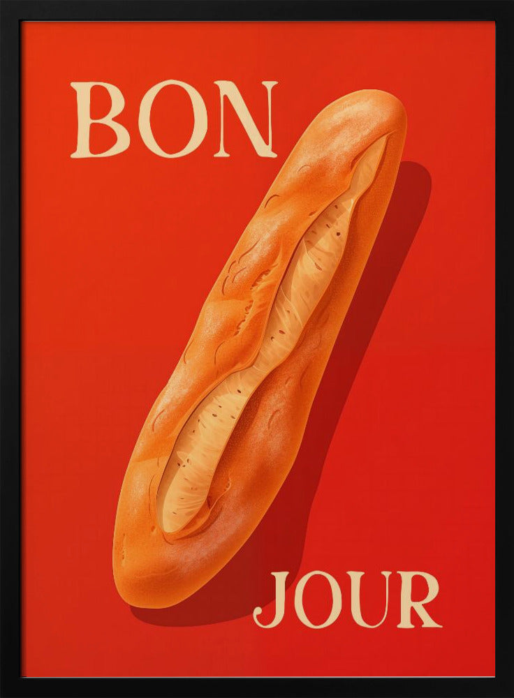 A vintage-style poster with a vibrant red background featuring a realistic illustration of a golden-brown baguette. The French words 'BON' and 'JOUR' are written in a large, cream-colored serif font at the top left and bottom right respectively. Wall Art