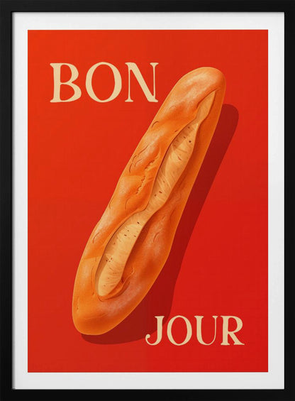 A vintage-style poster with a vibrant red background featuring a realistic illustration of a golden-brown baguette. The French words 'BON' and 'JOUR' are written in a large, cream-colored serif font at the top left and bottom right respectively. Wall Art