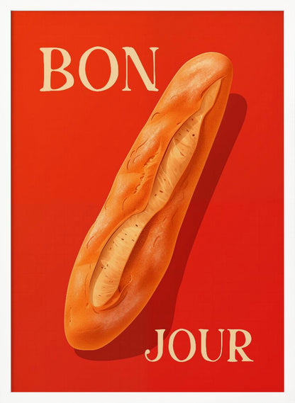 A vintage-style poster with a vibrant red background featuring a realistic illustration of a golden-brown baguette. The French words 'BON' and 'JOUR' are written in a large, cream-colored serif font at the top left and bottom right respectively. Wall Art