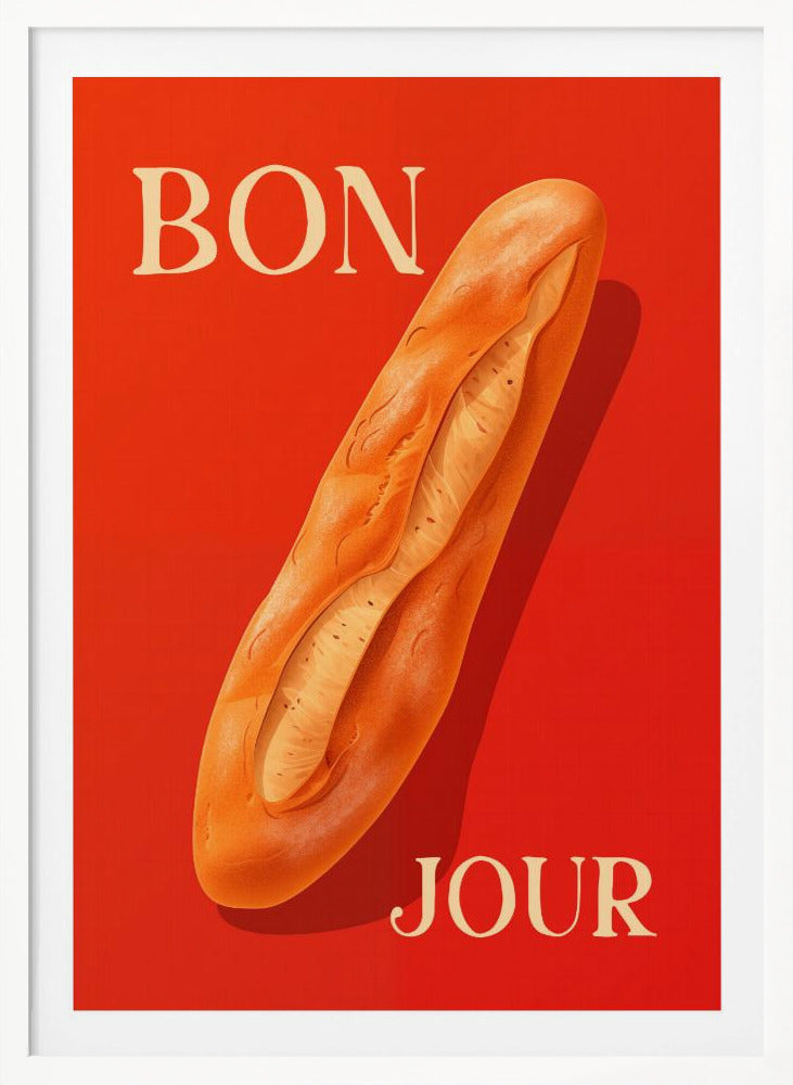 A vintage-style poster with a vibrant red background featuring a realistic illustration of a golden-brown baguette. The French words 'BON' and 'JOUR' are written in a large, cream-colored serif font at the top left and bottom right respectively. Wall Art