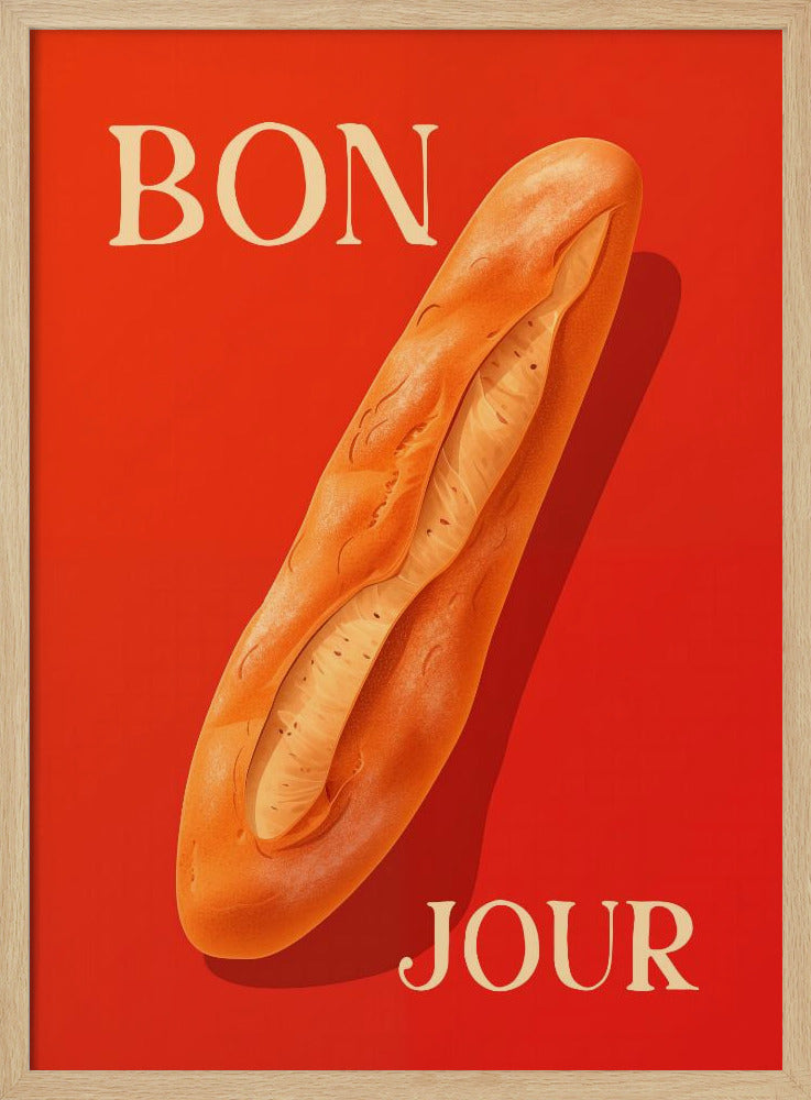 A vintage-style poster with a vibrant red background featuring a realistic illustration of a golden-brown baguette. The French words 'BON' and 'JOUR' are written in a large, cream-colored serif font at the top left and bottom right respectively. Wall Art