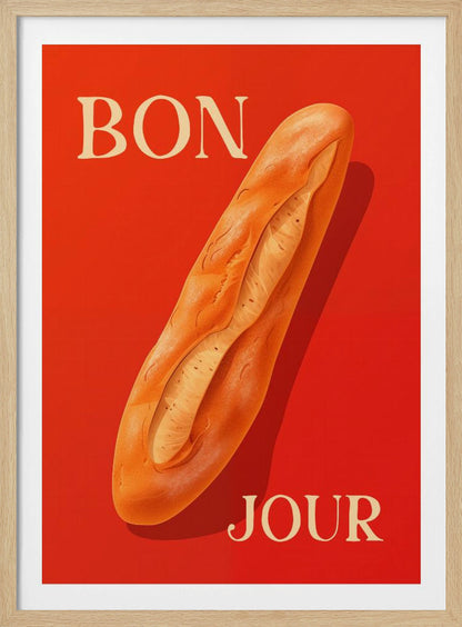 A vintage-style poster with a vibrant red background featuring a realistic illustration of a golden-brown baguette. The French words 'BON' and 'JOUR' are written in a large, cream-colored serif font at the top left and bottom right respectively. Wall Art