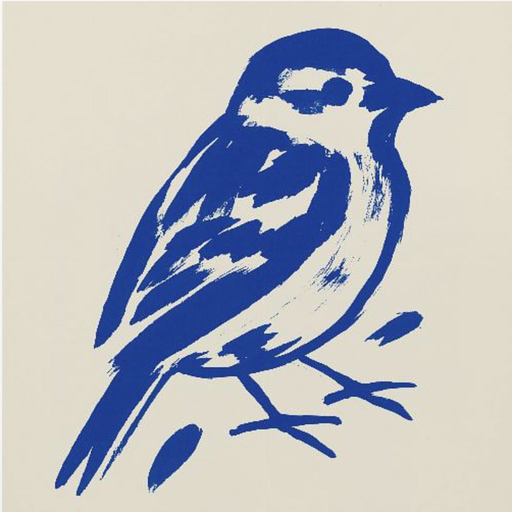 A stylized art print of a small bird, possibly a sparrow, rendered in bold cobalt blue ink with expressive brushstrokes. The bird is set against a solid cream background and enclosed in a light wood frame. Print