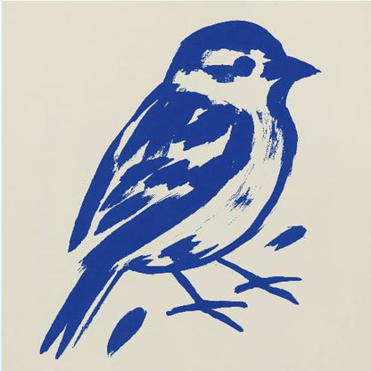 A stylized art print of a small bird, possibly a sparrow, rendered in bold cobalt blue ink with expressive brushstrokes. The bird is set against a solid cream background and enclosed in a light wood frame. Print
