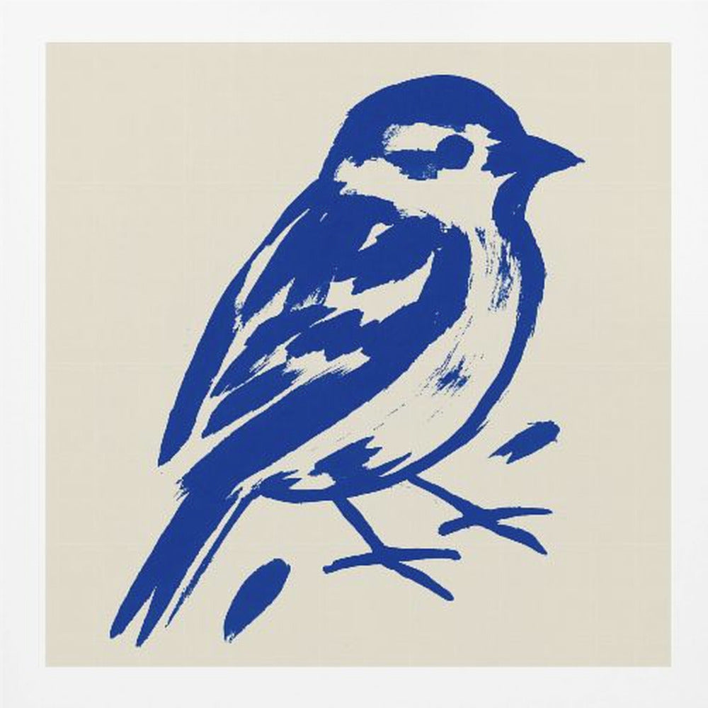 A stylized art print of a small bird, possibly a sparrow, rendered in bold cobalt blue ink with expressive brushstrokes. The bird is set against a solid cream background and enclosed in a light wood frame. Print