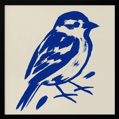 A stylized art print of a small bird, possibly a sparrow, rendered in bold cobalt blue ink with expressive brushstrokes. The bird is set against a solid cream background and enclosed in a light wood frame. Print