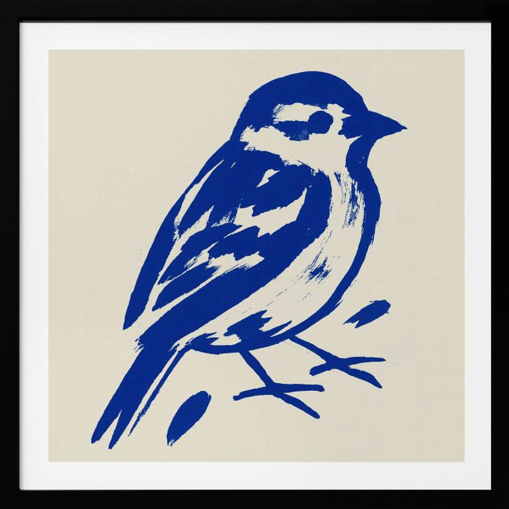 A stylized art print of a small bird, possibly a sparrow, rendered in bold cobalt blue ink with expressive brushstrokes. The bird is set against a solid cream background and enclosed in a light wood frame. Print