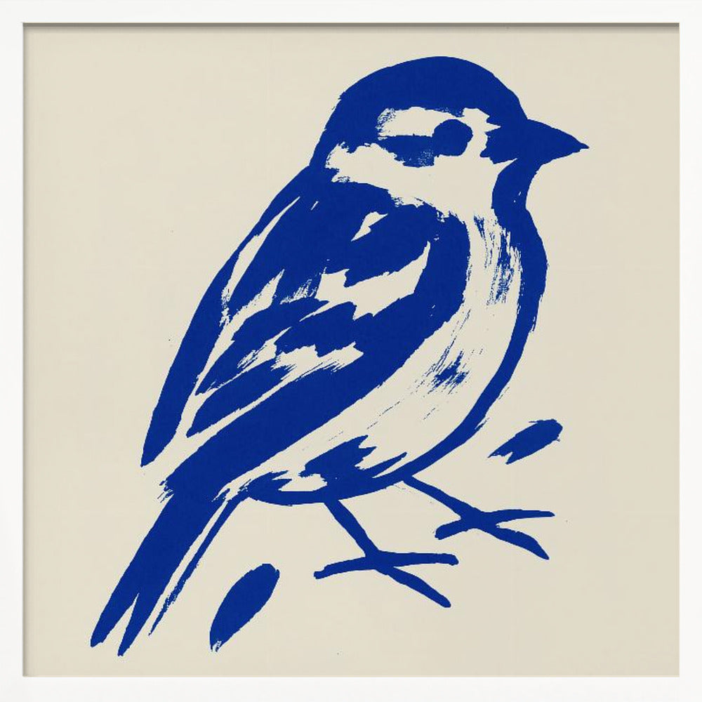 A stylized art print of a small bird, possibly a sparrow, rendered in bold cobalt blue ink with expressive brushstrokes. The bird is set against a solid cream background and enclosed in a light wood frame. Print