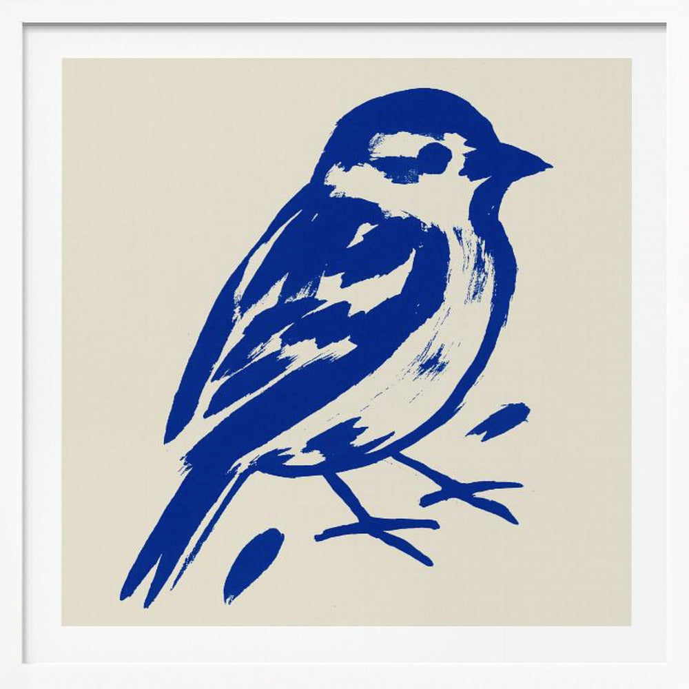 A stylized art print of a small bird, possibly a sparrow, rendered in bold cobalt blue ink with expressive brushstrokes. The bird is set against a solid cream background and enclosed in a light wood frame. Print