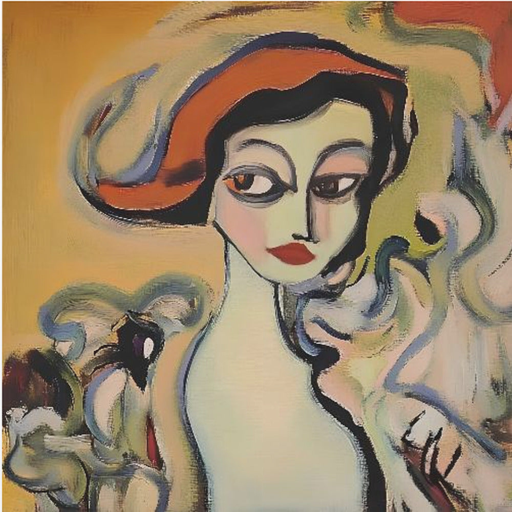 An abstract portrait painting of a woman with pale green skin, large dark eyes, and red lips, wearing a vibrant orange hat. The background is a warm yellow, and she is surrounded by swirling, expressive brushstrokes in shades of blue, green, and white. The painting is enclosed in a light-colored wooden frame. Wall Art