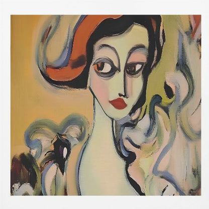An abstract portrait painting of a woman with pale green skin, large dark eyes, and red lips, wearing a vibrant orange hat. The background is a warm yellow, and she is surrounded by swirling, expressive brushstrokes in shades of blue, green, and white. The painting is enclosed in a light-colored wooden frame. Wall Art