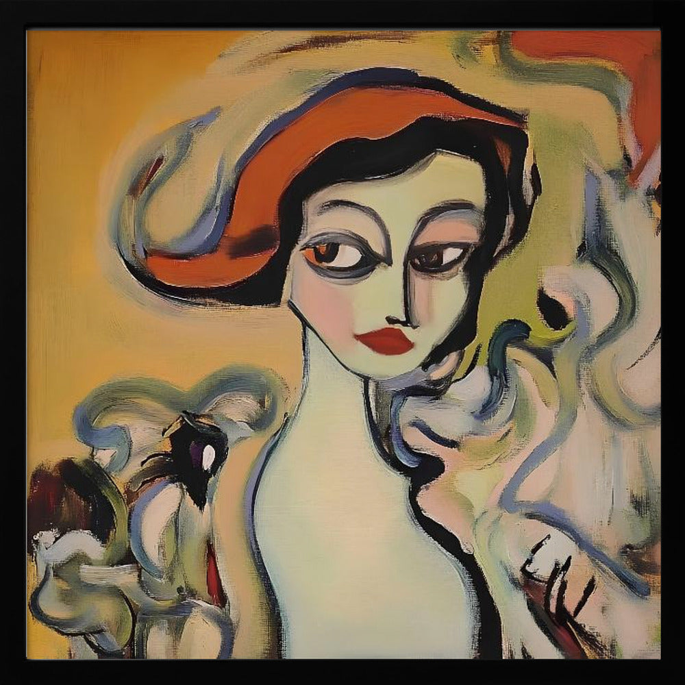 An abstract portrait painting of a woman with pale green skin, large dark eyes, and red lips, wearing a vibrant orange hat. The background is a warm yellow, and she is surrounded by swirling, expressive brushstrokes in shades of blue, green, and white. The painting is enclosed in a light-colored wooden frame. Wall Art