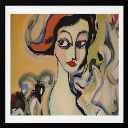 An abstract portrait painting of a woman with pale green skin, large dark eyes, and red lips, wearing a vibrant orange hat. The background is a warm yellow, and she is surrounded by swirling, expressive brushstrokes in shades of blue, green, and white. The painting is enclosed in a light-colored wooden frame. Wall Art