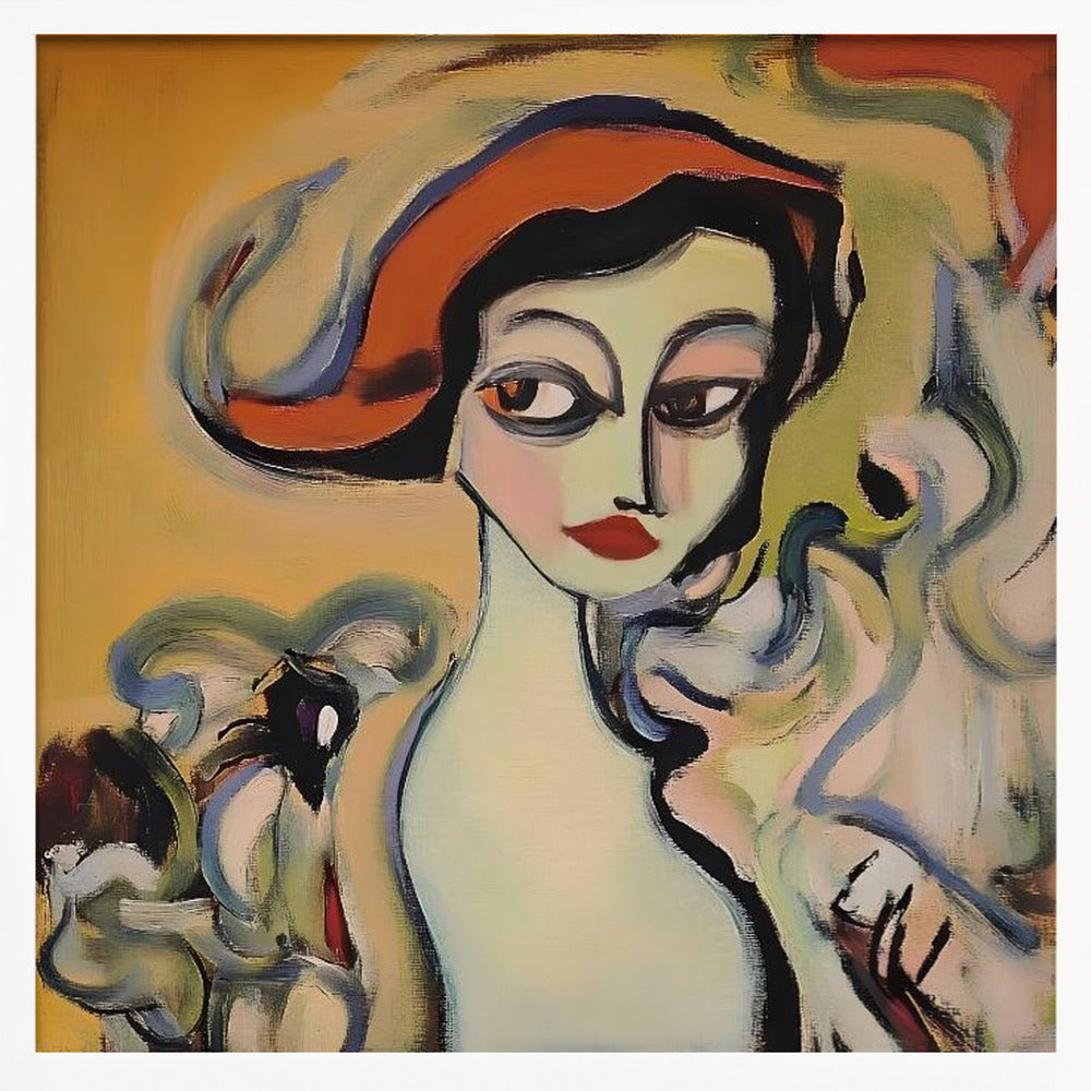 An abstract portrait painting of a woman with pale green skin, large dark eyes, and red lips, wearing a vibrant orange hat. The background is a warm yellow, and she is surrounded by swirling, expressive brushstrokes in shades of blue, green, and white. The painting is enclosed in a light-colored wooden frame. Wall Art