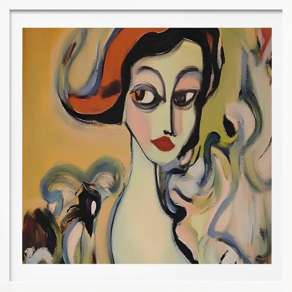 An abstract portrait painting of a woman with pale green skin, large dark eyes, and red lips, wearing a vibrant orange hat. The background is a warm yellow, and she is surrounded by swirling, expressive brushstrokes in shades of blue, green, and white. The painting is enclosed in a light-colored wooden frame. Wall Art