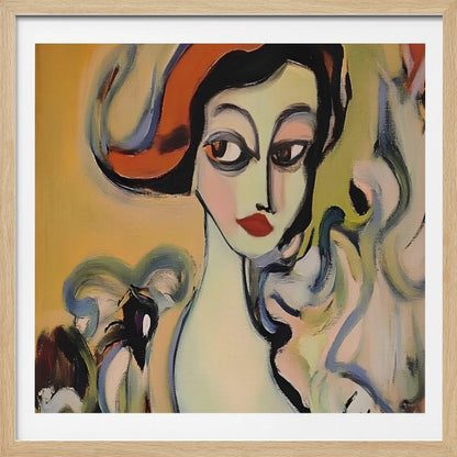 An abstract portrait painting of a woman with pale green skin, large dark eyes, and red lips, wearing a vibrant orange hat. The background is a warm yellow, and she is surrounded by swirling, expressive brushstrokes in shades of blue, green, and white. The painting is enclosed in a light-colored wooden frame. Wall Art
