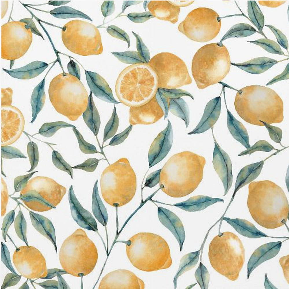 A framed watercolor painting featuring a repeating pattern of bright yellow lemons and blue-green leaves on delicate branches against a clean white background. Some of the lemons are sliced in half, showing their inner texture. Wall Art