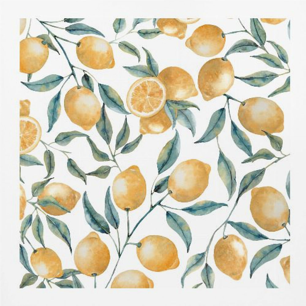 A framed watercolor painting featuring a repeating pattern of bright yellow lemons and blue-green leaves on delicate branches against a clean white background. Some of the lemons are sliced in half, showing their inner texture. Wall Art